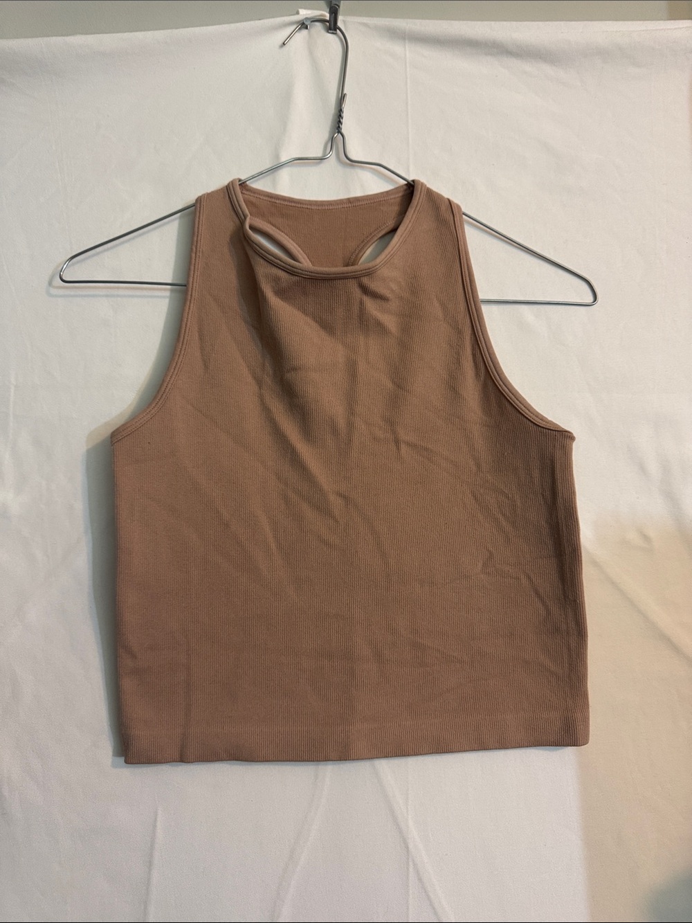 High-Neck Ribbed Crop Tank Top in Taupe Brown